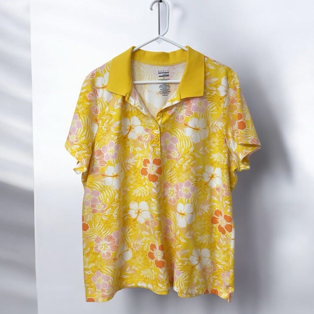 Yellow Floral Hawaiian Floral Polo Shirt Ladies 2X